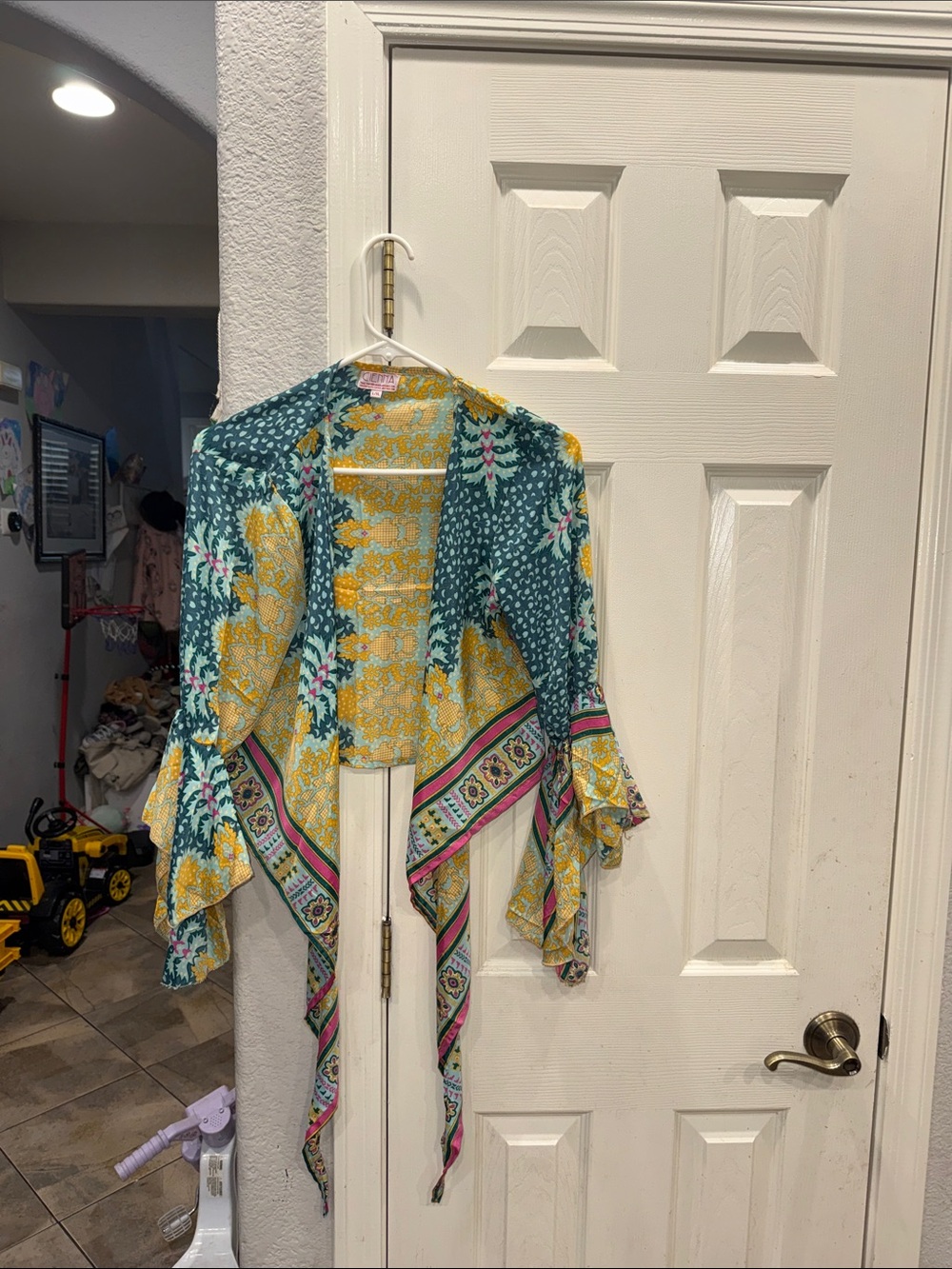 Boho Floral Open-Front Kimono Cape - Teal & Yellow